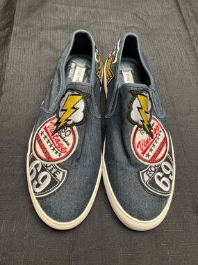 Steve Madden Navy Denim Slip-On Sneakers with Patchwork Patches. 771